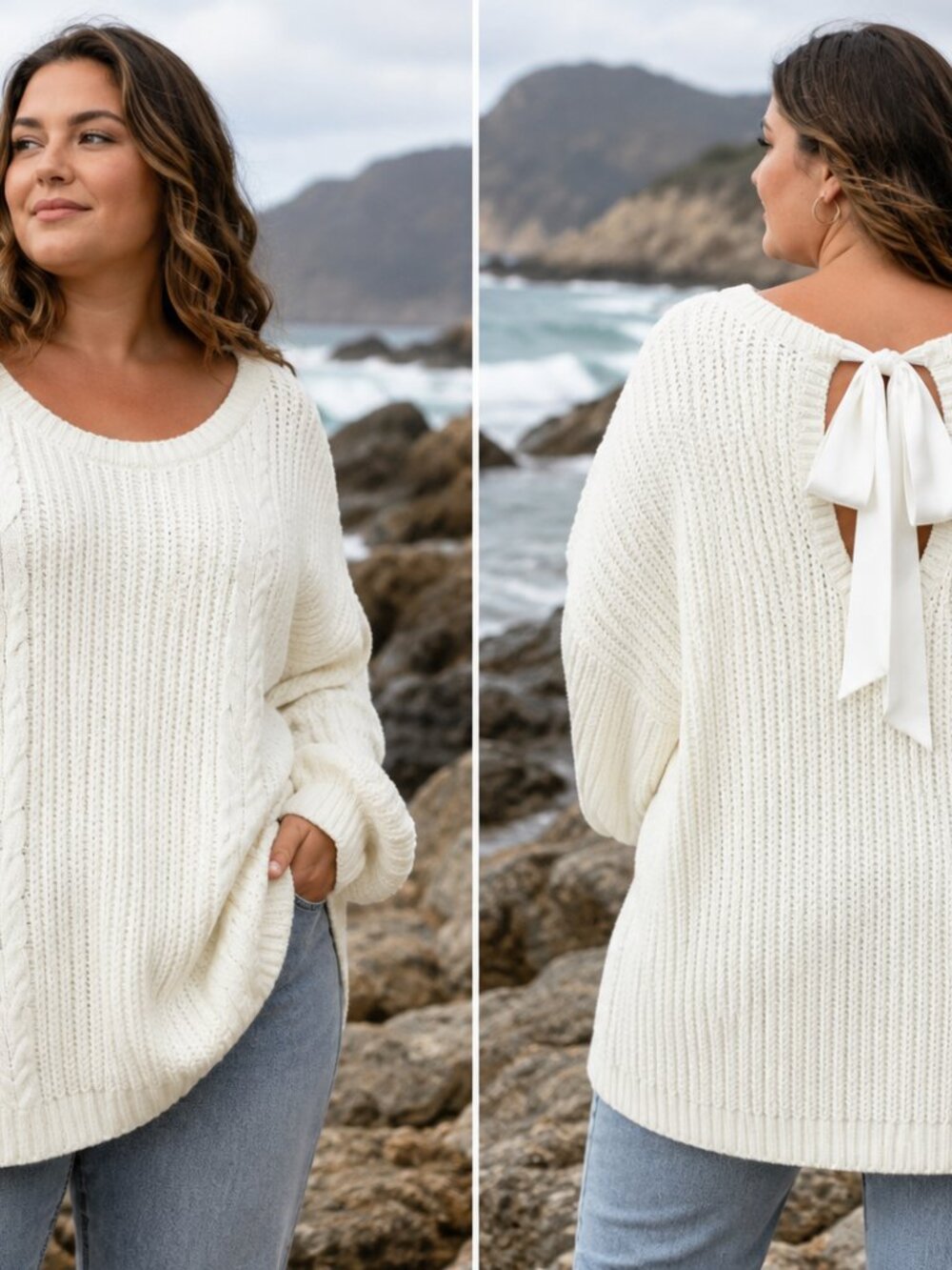 Torrid Size 3 (22/24) Oversized Fisherman Cottagecore Ivory Bow Back Sweater